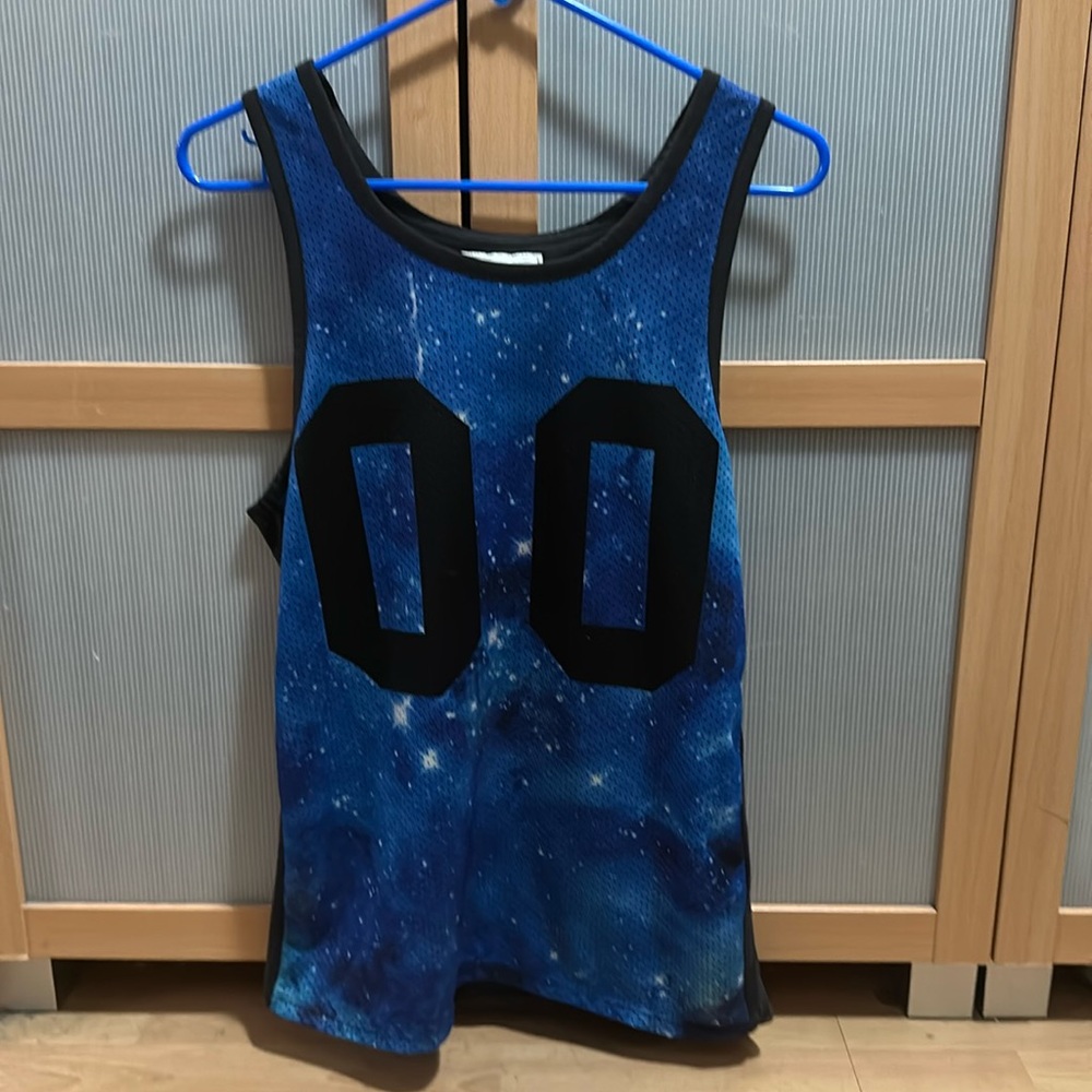 Size Small On The Byas blue/black galaxy men’s muscle shirt
